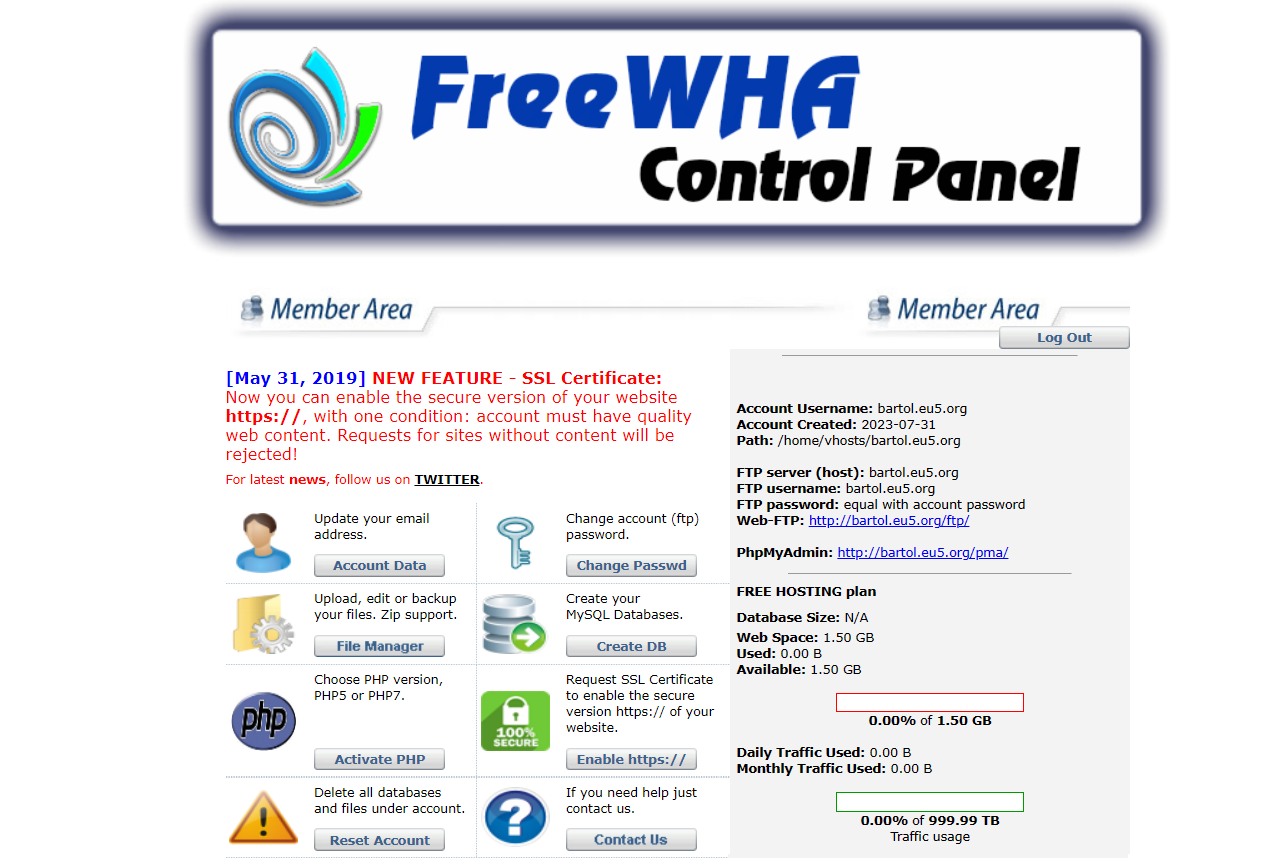 Web hosting - upravljačka ploča
