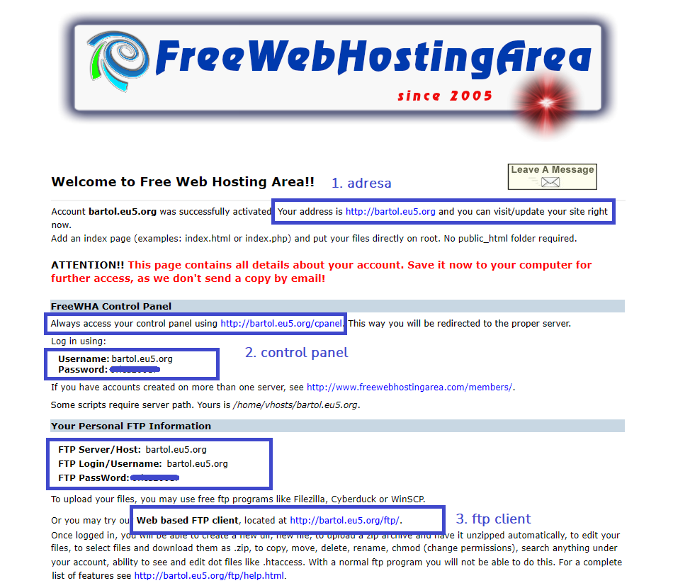 Web hosting - korisnički podatci - Control Panel i ftp