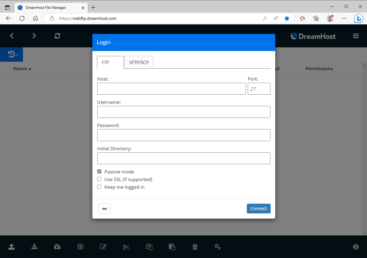 Dream web hosting - ftp login